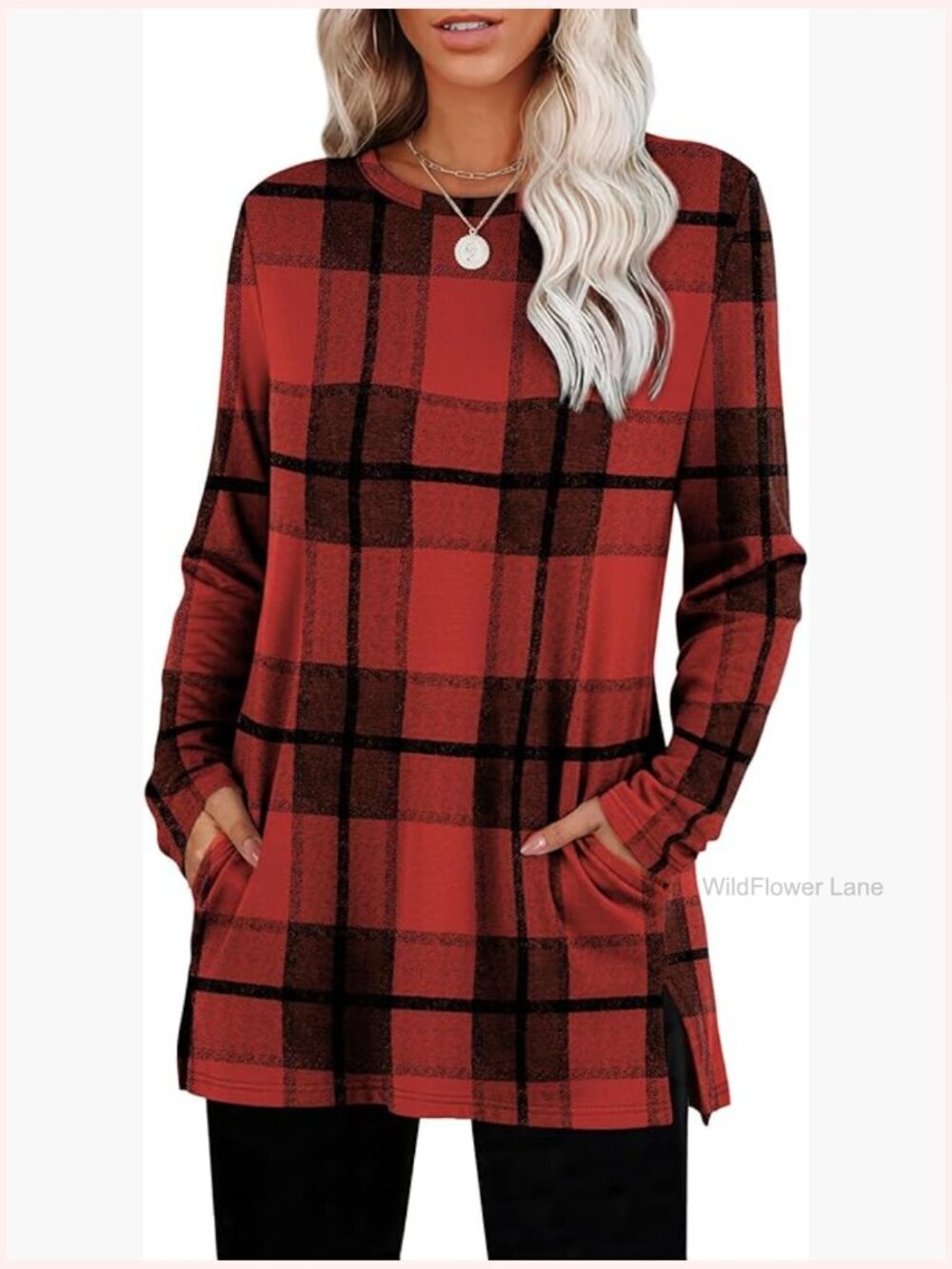 Women's Long Sleeve Crewneck Tunic Sweater with Pockets Side Slit
